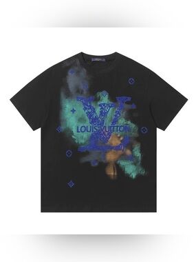 Louis Vuitton Black Tee with Blue Logo and Teal Accents